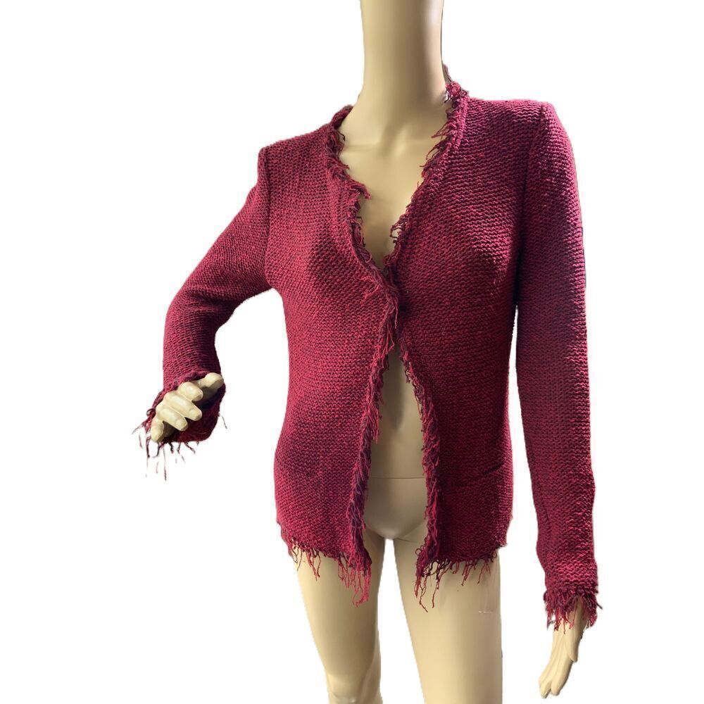IRO Red Fringe Trim‎ Boucle Open Front Cardigan Jacket Size 38 Long Sleeve